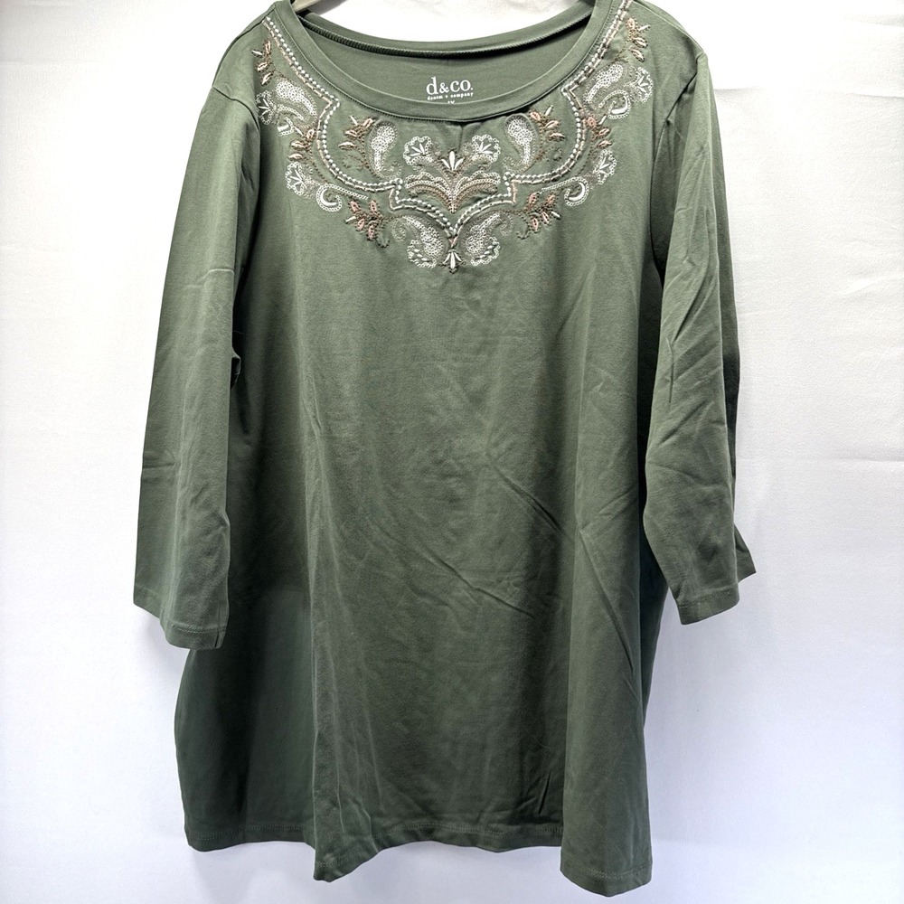 Denim & Co Women's Top Size 1X Green Brown Embroidered  3/4 Sleeves Pullover